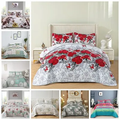 3 Piece Patchwork Bedspread Quilted Throw Bedding Double King Size Pillowcases • £29.99
