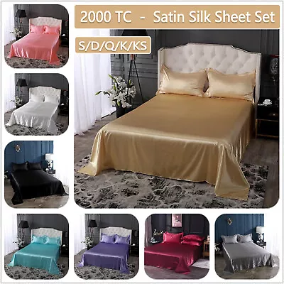 2000TC Silk Satin Bed Fitted Flat Pillowcases Solid Sheet Set Queen King Single • $10.49
