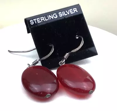 Vintage Sterling Earrings 925 Silver Oval Carnelian Gemstone Bead Pierced Drop • $18