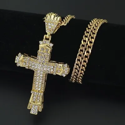 Silver Gold Crystal Cross Pendant Necklace Chain Women's Men's Jewellery Jesus • $2.64