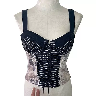 Paul Brial Vintage Womens Corset Top Size Medium Striped Floral Lace Up Smocked • $78.15