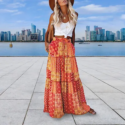 Big Hem Summer Skirt Commuting Boho Ethnic Print Maxi Vintage Patchwork A-line • $20.05