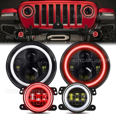 $115.99 • Buy 2007-2018 For Jeep Wrangler JK JKUs Red Halo LED Headlights+Fog Lights Combo Kit