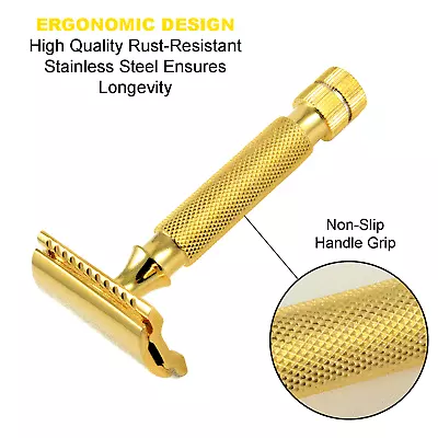 Stainless Steel Double Edge Safety Razor For Men's Beard + 5 Shaving Blades Gold • $15.29