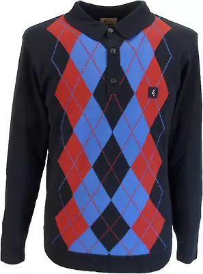 Gabicci Vintage Mens Argyle Navy Blue Knitted Polo • £69.99