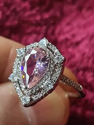 £6.99 • Buy Womans Size T. Pink Topaz Pear Drop & Diamond Ring