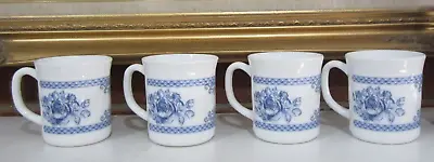 $29.99 • Buy Arcopal France Honorine Set Of 4 Blue Floral Glass Cups Mugs Lot Of Four (4)