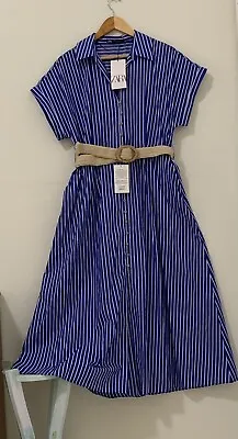 Zara Woman Cobalt Striped Belted Midi Shirtdress Cotton_7921/751 Fw23 _size Xl • $58