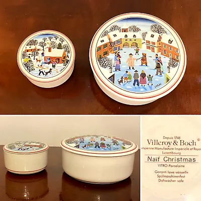 Set Of 2 Vintage VILLEROY & BOCH Naif Christmas Lidded Porcelain Trinket Boxes • $34.99