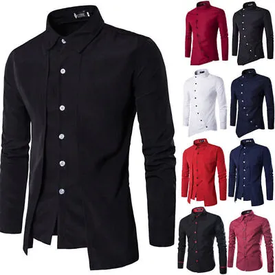Mens Classic Long Sleeve Blouse Shirt Formal Casual Slim Fit Stylish Smart Tops • £13.89