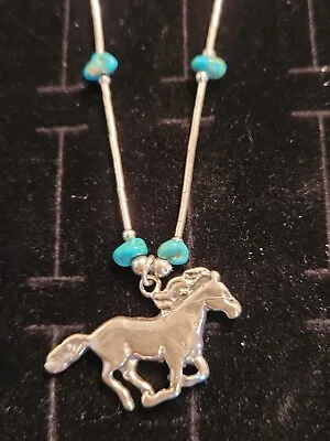 Vintage .925 Sterling Silver & Turquoise Mustang Pendant And 16 Inch Chain • $29.99