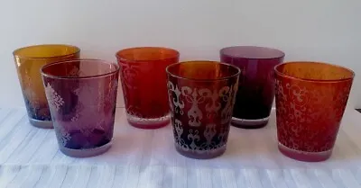 Set Of Six Red / Amber / Purple Tumblers With Frosted Patterns • $75