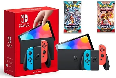 NEW Nintendo Switch OLED 64GB Neon Red Blue + Pokemon Booster Pack Bundle • $297.77