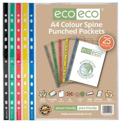 A4 Multi Colour Spine Punched Pockets 100% Recycled Pack Of 25 - ECO130 • £9.29