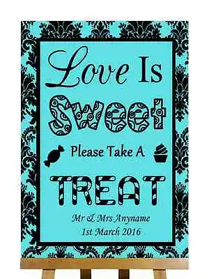 £7.95 • Buy Tiffany Blue Black Love Is Sweet Candy Bar Cart Buffet Personalised Wedding Sign
