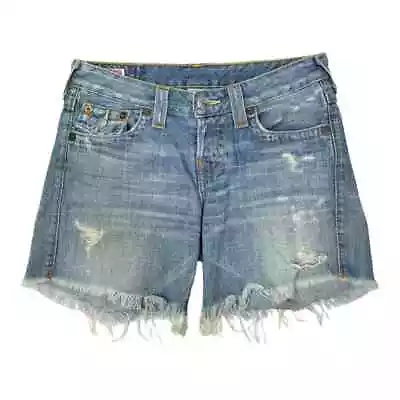 True Religion Y2K Jayde Mid Rise Distressed Denim Shorts 24 Cut Offs 2000s Light • $29.99