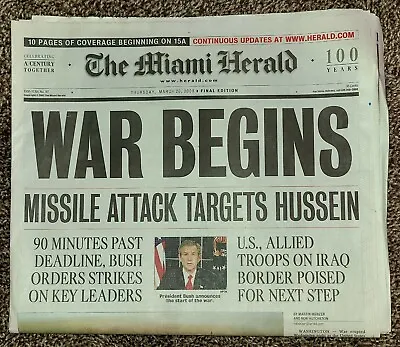 Miami Herald Newspaper~March 20 2003~War Begins~Missle Attack Targets Hussein • $14.95