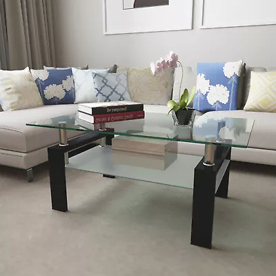 Modern Rectangle Glass Coffee Table Side Center Table With Shelf For Living Room • $110.99