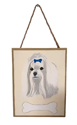 Maltese Dog Wood Sign Picture Hanging Puppy Bone Blue Bow Decore 8 X 6  • $3.60