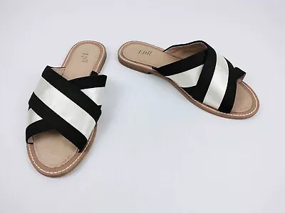 J Jill Womens Slide Slip On Flats Open Toe Sandals Cushioned Black Cream Size 7M • $10.99