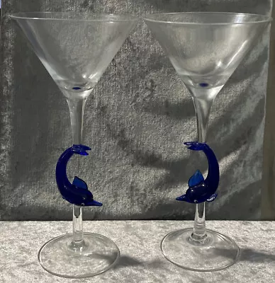 Pair Murano Italy Venetian Martini Glasses With Blue Dolphin Figurine On Stems • $85