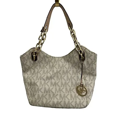 MICHAEL KORS Lily Ivory Logo Tote Gold Chain/Leather Strap Shoulder Bag • $37.71