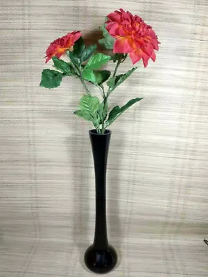 Tall Black Glass Vase With Artificial / Faux Flowers - Chrysanthemum Red • £9.99