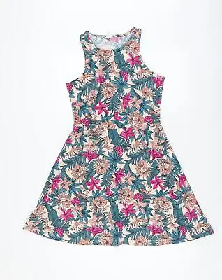 H&M Womens Multicoloured Floral Polyester Skater Dress Size M Boat Neck Pullover • £5