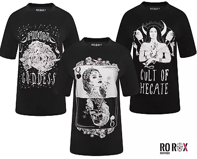 Women's Gothic Oversized Cotton T-Shirts - Round Neck Short Sleeves Witchy Tee • £6.40