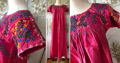 Vtg Otomi Mexican Dress Hot Pink Muslin Cotton Multicolor Embroidery Flowers Euc • $40