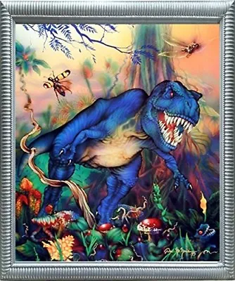 T Rex Dinosaur Triceratops Kids Room Animal Wall Decor Silver Framed Art Picture • $64.99