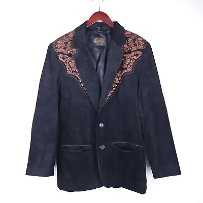 Scully Leather Jacket Coat Size 40 Black Embroidered Button Front Western Blazer • $84.88