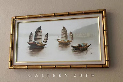 Gorgeous! Mcm Chinese Junks In Harbor Orig Oil! 50s 60s Vtg Wall Art Painting • $999