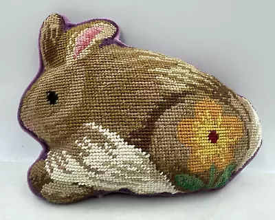 Bunny Rabbit Needlepoint Pillow Purple Wool Floral Blue Velvet Vtg • $54.95