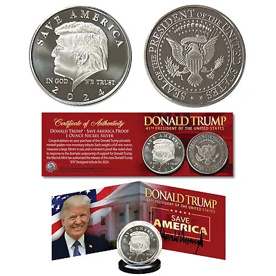 $25.48 • Buy DONALD TRUMP Save America '24 Silver Nickel 1 OZ 39mm Tribute Coin PANORAMIC COA