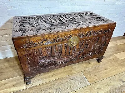 Antique Vintage Chinese Carved Camphor Wood Chest Trunk . Delivery Available • £345