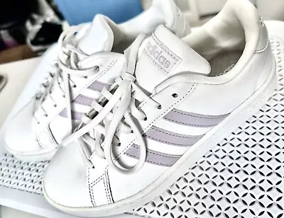 Adidas Women Shoes Size 6.5 White & Taro Stripes Excellent Condition • $55