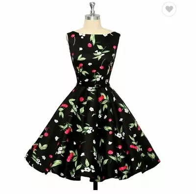 Stylish Black Vintage 50's Rockabilly Retro Style CHERRY Full Circle Dress • $52.46