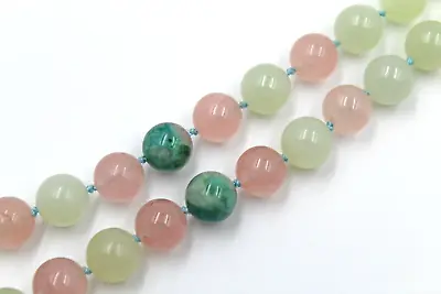 Vintage Ming’s Hawaii Jade Rose Quartz Agate Bead Necklace 33 Inches 14K Clasp • $495