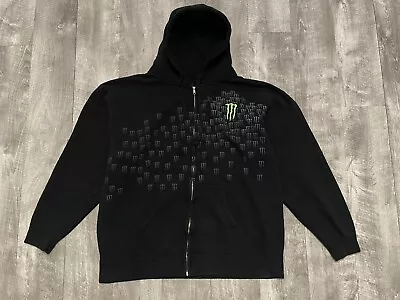 Vintage Y2K Monster Energy Zip Up Hoodie Sweatshirt All Over Logo Embroidered • $44.99