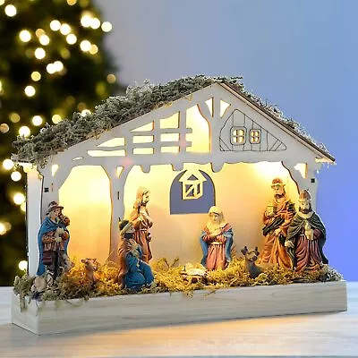 WeRChristmas Christmas Wooden Nativity Scene Decoration Pre-Lit With LED Lights • £17.97