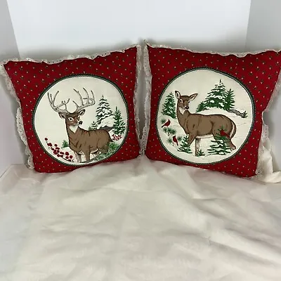 Vintage Pair Of Quilted Throw Pillows- Buck- Doe And Birds • $37.99