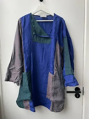 ACNE STUDIOS 2016 Caiola Li Blue Green Patchwork Linen Tie Neck Oversize Dress S • £120