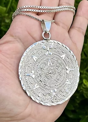 Huge Mid-Century Mexican Sterling Silver Mayan Calendar Pendant Necklace • $175