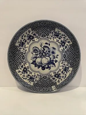 Daher Decorated Ware Serving Tray 12” Round Tin Vtg Blue Peaches #11101 B13 • $14.99