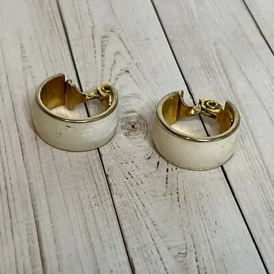 RARE MONET Vintage Gold Tone WIDE White Enamel LARGE Pierced Hoop Earrings • $13.38