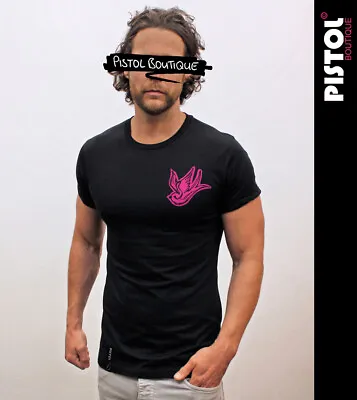 £19.80 • Buy Pistol Boutique Men's Fitted Black Crew Neck Pink Chest SKETCH SWALLOW T-shirt
