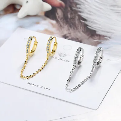 £5.48 • Buy 925 Silver Double Hoop Huggie Rhinestone Crystal With Chain Drop Dangle Earring