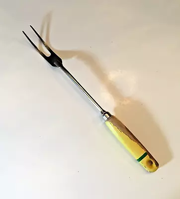 Vintage A&J Yellow Wood Handle Serving Or Meat Fork Chippy Retro Kitchen Utensil • $11.95