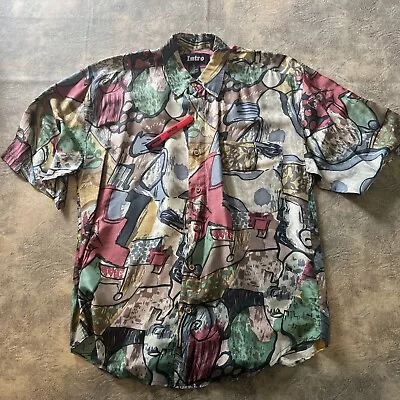 VTG INTRO Silk Shirt Men's Size M Satin Colorful Abstract Art *MISSING BUTTON* • $17.95